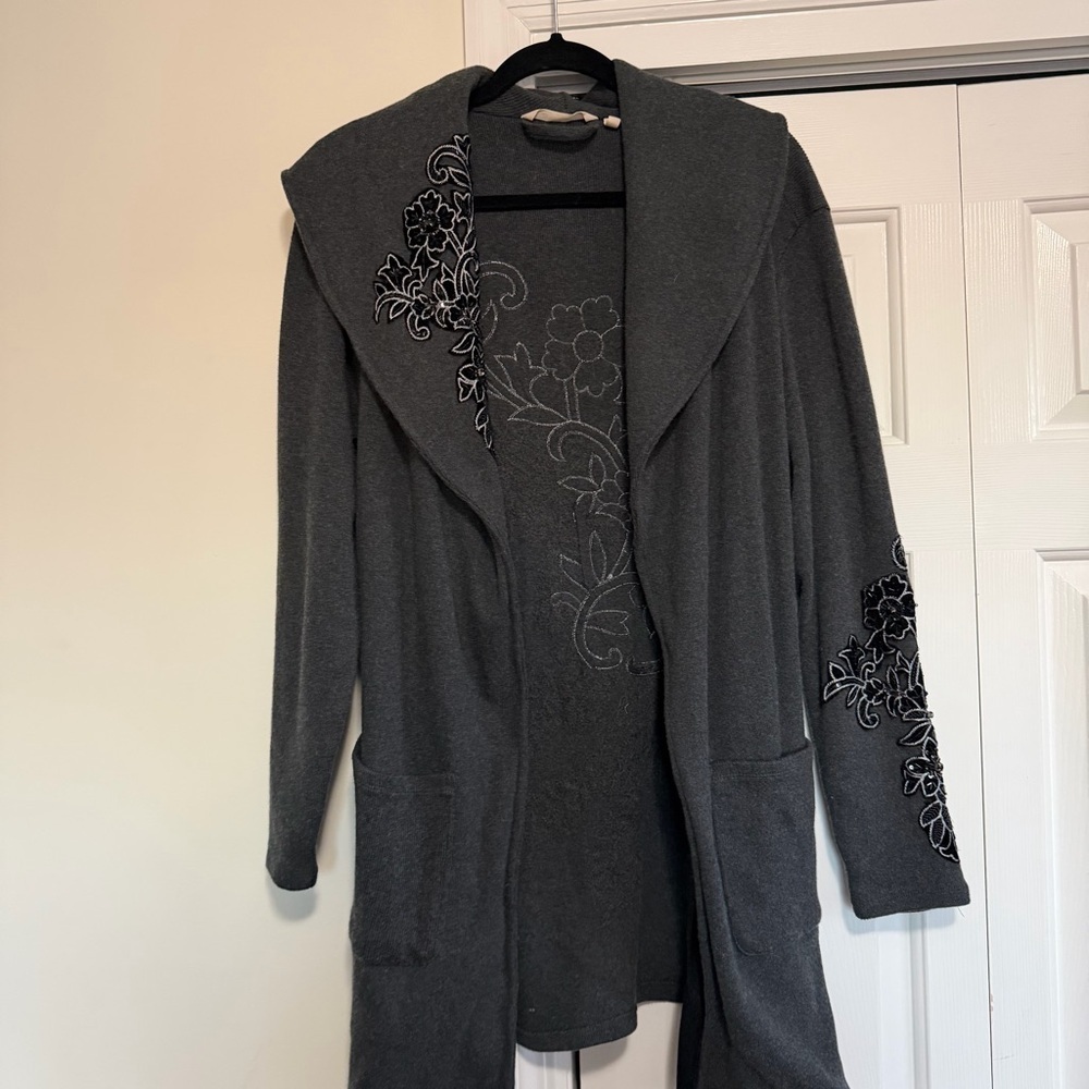 Soft Surroundings Gray Embellished Open Front Cardigan Sweater Size XL